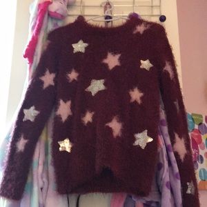 Maroon Colored fuzzy sweater with sparkle stars